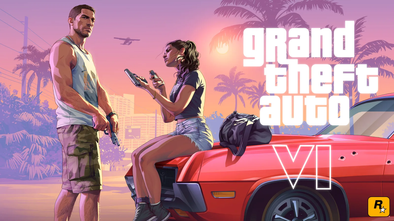 Offizielles Artwork zu Grand Theft Auto VI mit Jason und Lucia vor einer Palmenkulisse in Vice City. Rechts ist das GTA-VI-Logo zu sehen.