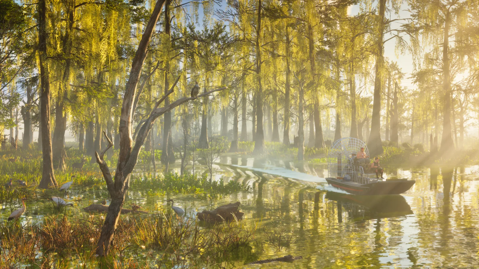 Offizieller Screenshot aus GTA 6: Ein Sumpfgebiet in Grassrivers bei dämmrigem Licht.